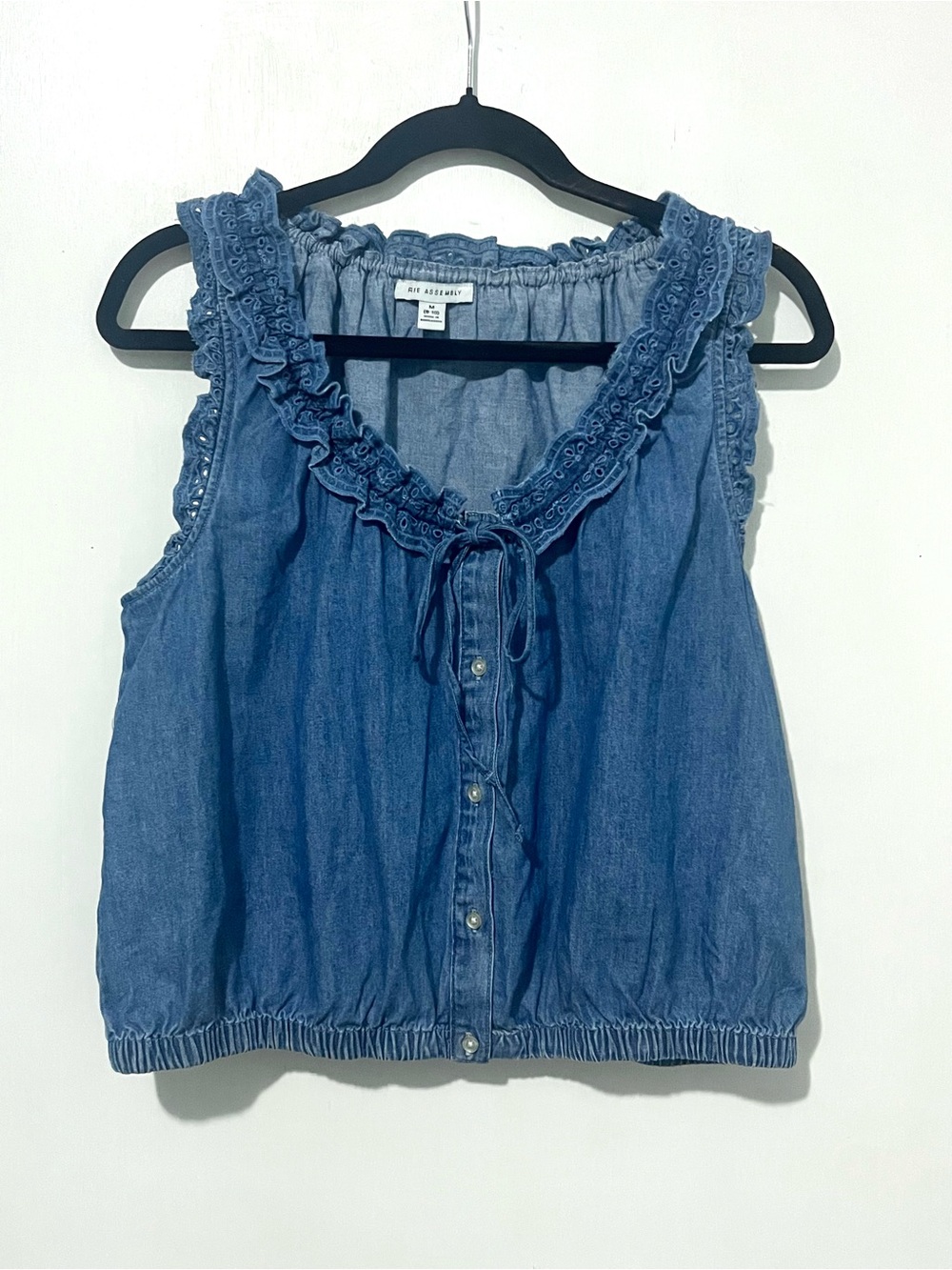Blue Denim Ruffle Sleeveless Top